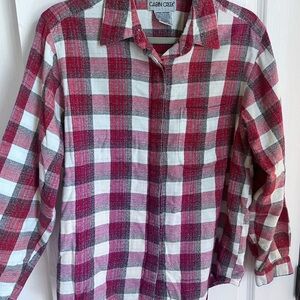Cabin Creek Red and White Plaid Women’s button down shirt silver thread sparkle